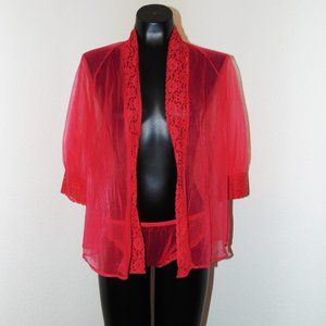 Vtg 60s Red Nylon & Lace design Capelet w/ panties